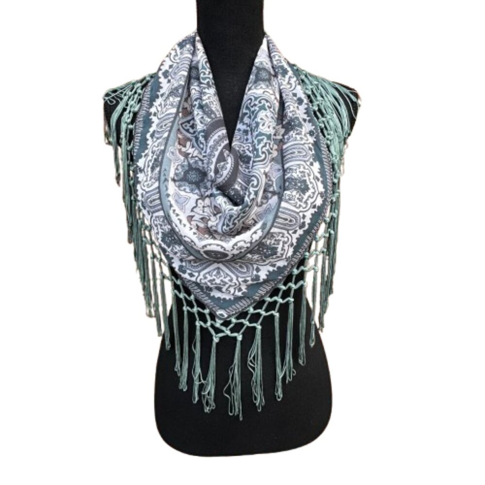 Infinity Fringed Silky Scarf Boho Festival Gray Green Paisley Print